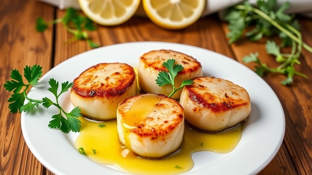 Pan-Seared Scallops with Lemon Butter Sauce Pan-seared scallops with lemon butter sauce garnished with parsley on a white plate.